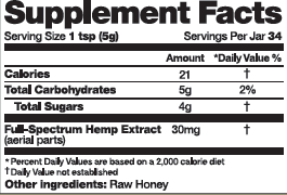 Double Strength Raw Relief Hemp Honey Supplement Facts 170g
